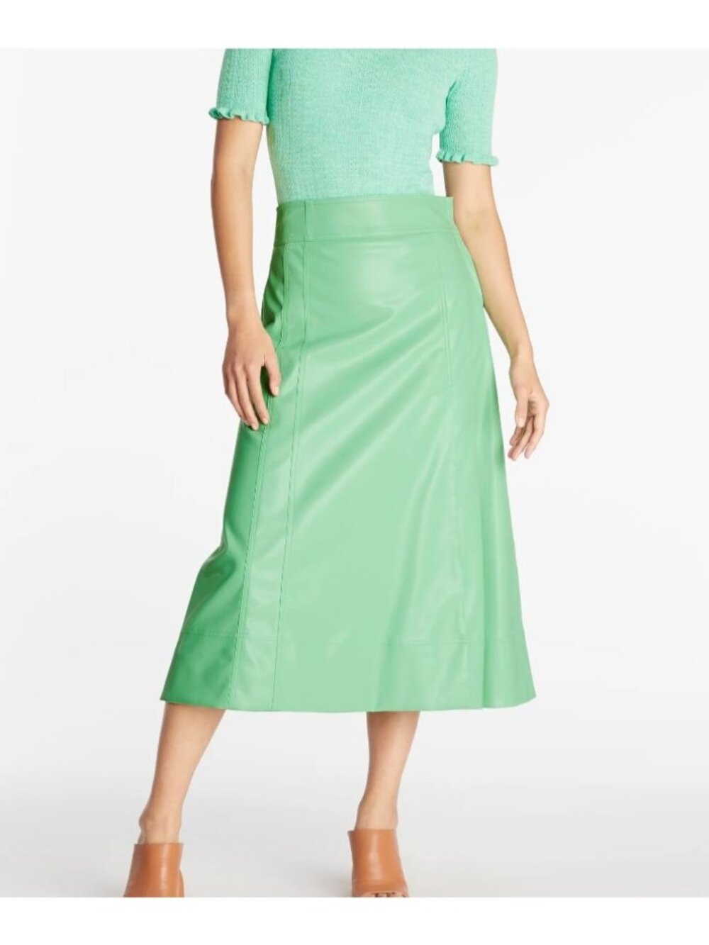 TANYA TAYLOR Argo Vegan Leather Midi Skirt in Mint Leaf Size 10